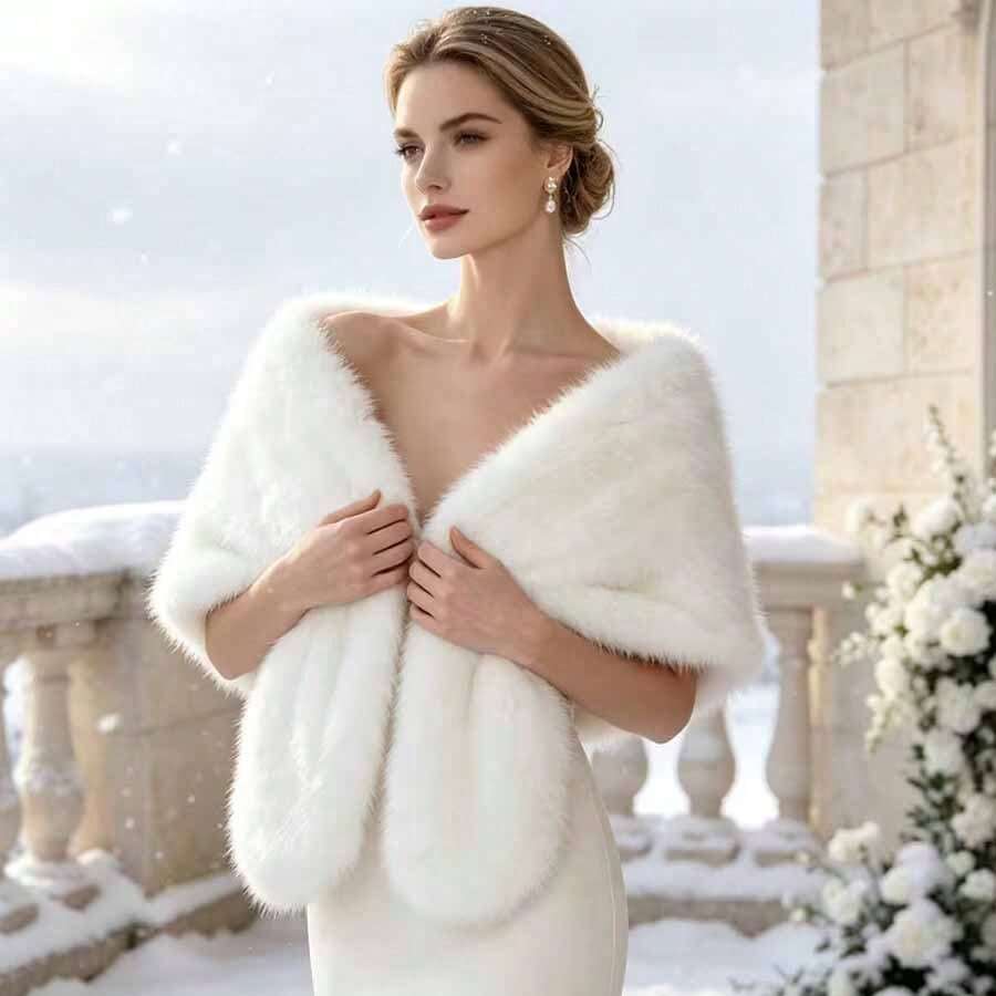1pc Faux Cashmere Bridal Shawl Cape, Winter Warm Shawl, Suitable For Winter Wedding, Evening Party, Ball, Post-Ceremony Photo Shoot And Banquet Dress Accessory - Multicolor - View 1