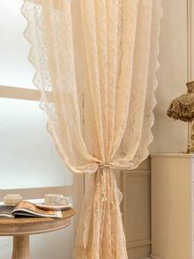 1pc French Retro Lace Pearl Curtain, Romantic Ruffled Sheer Curtain For Bedroom, Living Room, Balcony, Lightweight Luxury - Beige - View 10