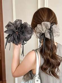 Leopard-Print Mesh Bow Hair Band, Korean Retro Ponytail Clip, Suitable For Low Ponytail Messy Bun, Fashionable Ins Style Female Hair Accessories. - Multicolor - View 1