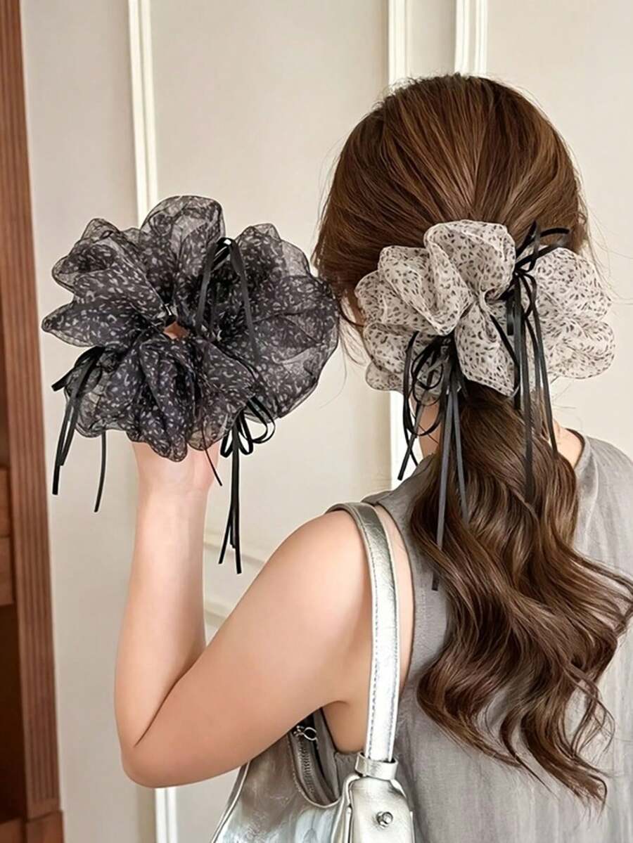 Leopard-Print Mesh Bow Hair Band, Korean Retro Ponytail Clip, Suitable For Low Ponytail Messy Bun, Fashionable Ins Style Female Hair Accessories. - Multicolor - View 1