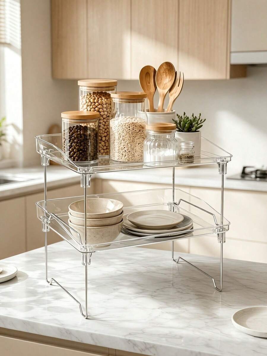 1-Piece Transparent, Modular Kitchen Tiered Shelf; Moisture-Proof And Mold-Resistant, Sturdy And Durable; Suitable For Kitchens, Bathrooms, Dressing Tables, Countertops, Wardrobes, Holiday Supplies, Birthday Gifts.