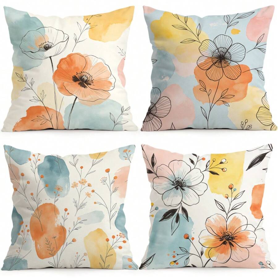 4 Stücke/1 Stück/ moderne abstrakte Linienzeichnung Blumenmuster Kissenbezug ohne Füllung, einseitig bedruckter Kissenbezug, geeignet für Wohnzimmer Schlafzimmer Heimdekoration, Ganzjahres-Kissenbezug - Mehrfarbig 01 - Übersicht 1