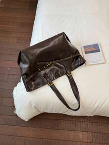 Casual Commuter Vintage Large Capacity Women's 2026 New Autumn/Winter Versatile Shoulder Bag Tote Bag, PU Material, Open Top Design - Coffee Brown - View 8