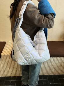 1pc Vintage Rhombus Padded Nylon Hobo Bag, Gathered Shoulder Strap Drawstring Detail Large Casual Daily Shoulder Handbag For Ladies - Multicolor - View 13