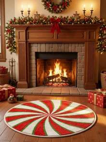 Round Burgundy Christmas Tufted Rug Checkered Border Snowman Gingerbread Gift Candy Cane Plush Rug - Red - View 6