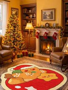 Round Burgundy Christmas Tufted Rug Checkered Border Snowman Gingerbread Gift Candy Cane Plush Rug Wreath - Red - View 5