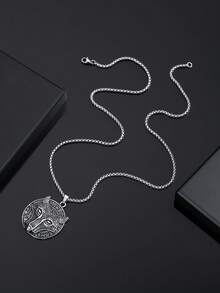 1pc Fashionable European & American Vintage Personalized Hip Hop Round Celtic Wolf Head Pendant Necklace, Suitable For Men's Daily Street Party Wear - Antique Silver - View 5