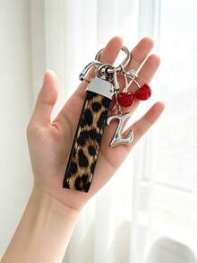 26 Alphabet Car Keychains, Silver Letter Zinc Alloy Accessories, Leopard Print Cherry Pendant, PU Rope Car Lock Key Fob, Car Remote Control Hanging Decoration, Bag Decoration Pendant, Car Key Ring, Key Chain Key Accessories. Holiday Gift, - Letter - View 12