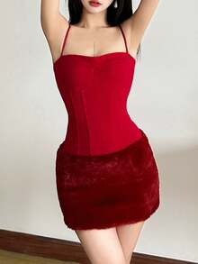 Top Dazzle Christmas Elegant Red Spaghetti Strap Short Slim Fit Knit Backless Mini Dress - Red - View 5
