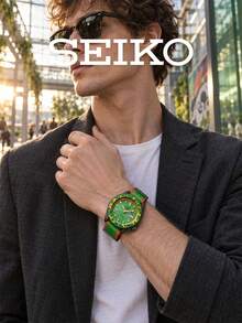 Seiko Men's Sports Automatic Watch Street‑Style Green‑Yellow Crackle‑Pattern Bezel Swirl‑Textured Dial Day‑Date Window Green‑Red Striped Nato Strap - Green - View 2