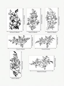 7pcs Herbal Temporary Tattoo Sticker, Black‑White Line Drawing Rose Floral Pattern, Realistic Fake Tattoo Design, Suitable For Daily Wear, Bachelorette Party Favors, Music Festivals, Game Events, Graduation Gifts, Lasts 7‑14 Days - Black - View 2