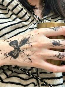 6pcs Herbal Temporary Tattoo Sticker, Ink‑Wash Style Butterfly Moon And Star Pattern, Realistic Fake Tattoo Design, Suitable For Daily Wear, Bachelorette Party Favors, Music Festivals, Game Events, Graduation Gifts, Lasts 7‑14 Days - Black - View 8