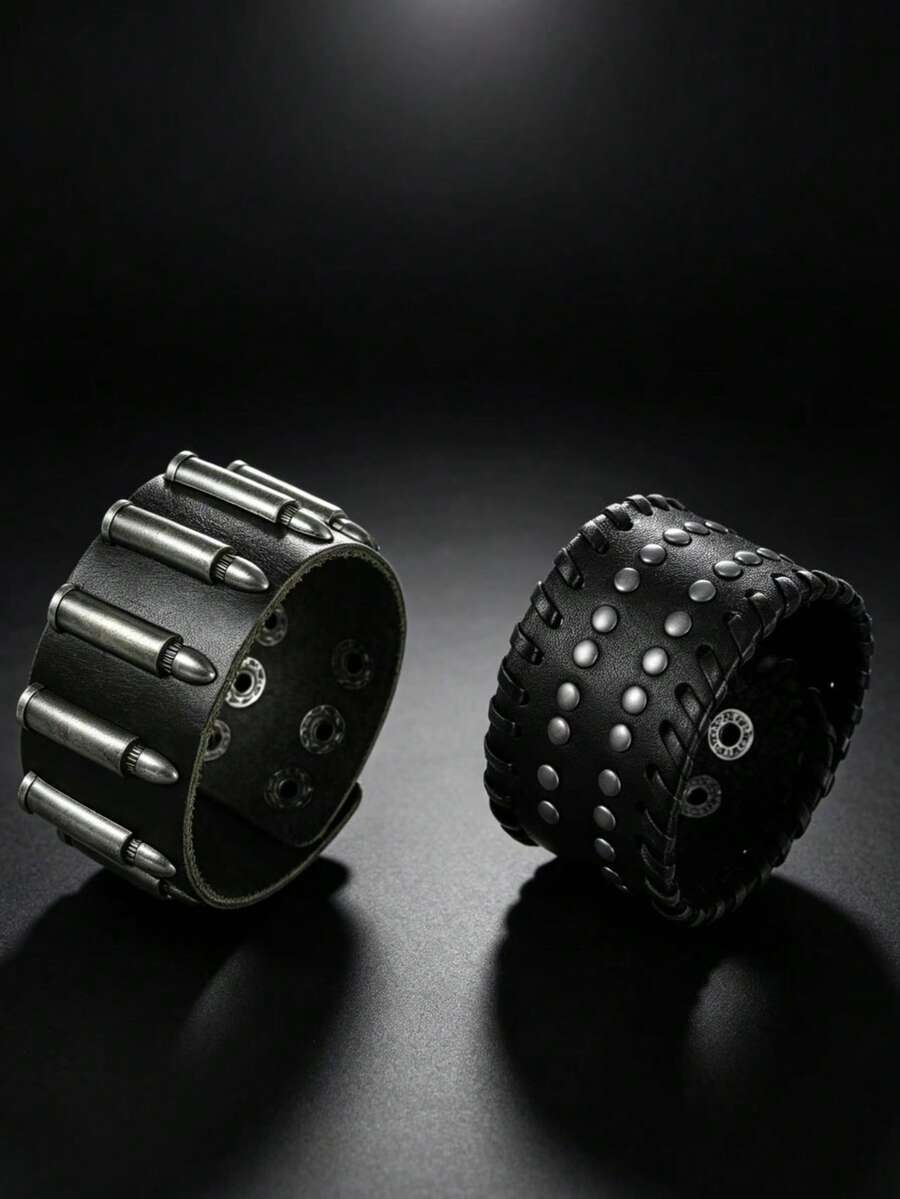 2pcs Punk Style Sports Casual Geometric Design Bracelets, Suitable For Men's Party, Sports, Fashion Wear, Exquisite Bracelet Gift For Men - Black - View 1