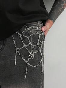 1pc Gothic Style Mesh Halloween Pants Chain, Hollow Spider Web Spider Pendant Waist Chain, Punk Hip Hop Style Jeans Accessory Gift For Autumn/Winter - White K - View 3