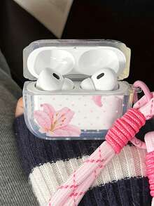 Cute Lily Flower Earphone Case/Protective Cover For 1/2/3 Generation, For Pro, For Pro2, For 4, 1 Protective Shell With 1 Lanyard - Pink Lily + Pink Lanyard - View 6