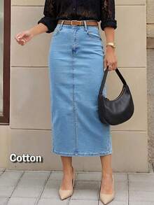 Light Blue Washed Mid-To-High Waist Denim Skirt For Women, Vintage Bodycon Mid-Length Slim Fit Commuter Versatile Denim Skirt, Belt Not Included - Medium Wash - View 1