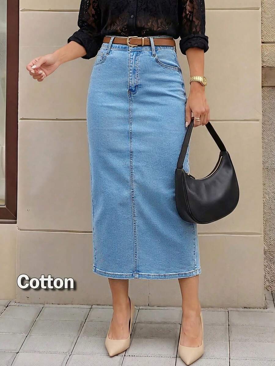 Light Blue Washed Mid-To-High Waist Denim Skirt For Women, Vintage Bodycon Mid-Length Slim Fit Commuter Versatile Denim Skirt, Belt Not Included - Medium Wash - View 1