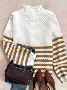 Women's Autumn/Winter Casual Loose Fit Versatile Lace Patchwork Striped Colorblock Button Knit Cardigan - White - View 6