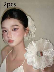 Ethereal Embroidered Lace Fabric Multi-Layer Bow Hair Scrunchies With Sweet Versatile Bun Hairstyle Mesh Hair Scrunchie - Multicolor - View 8