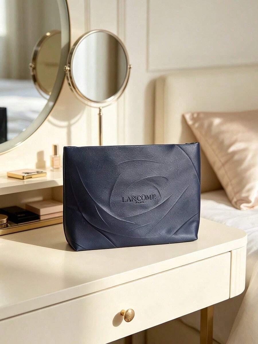 Portable Deep Blue Embossed Travel Makeup Bag 3D Floral Embossed Logo Toiletry Storage Cosmetic Bag Personal Use Or Gift - Lancôme Makeup Bag - Navy Blue - View 1