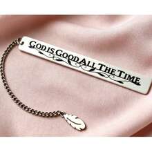 1PC Inspirational English Engraved Stainless Steel Bookmark "God Is Good All The Time" Feather Pendant Reading Marker - D - View 3