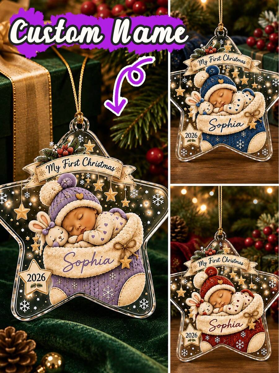 Custom Star Christmas Ornament, Personalized Name Tree Hanging Decor, Festive Holiday Home Party Accent, Customized First Christmas Keepsake, Customizable Xmas Gift For Family, Couples, Friends, New Year Decor, First Christmas Keepsake, Wall Decor - Style a - View 1