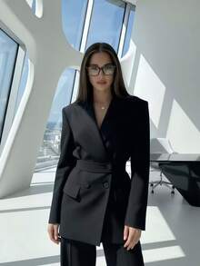 New Autumn Black Blazer With Button Belt Waist, 1pc Elegant Notch Lapel Padded Shoulder Mid-Length Commuter Suit, Crisp Woven Fabric Fitted Cut Professional Style Long Sleeve Small Blazer, Suitable For Commuting, Dating, Daily Wear And Party - Black - View 1