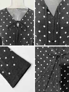 Women's Black Polka Dot V-Neck Tie-Front Knit Top, Short Slim Fit Flattering Blouse, Spring/Autumn Outerwear Layer - Black - View 9
