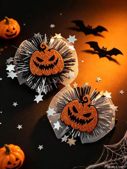 Halloween Glitter Pumpkin Hair Clips For Women, Tulle Star Decor Hair Barrettes, Holiday Cosplay Party Hair Decor