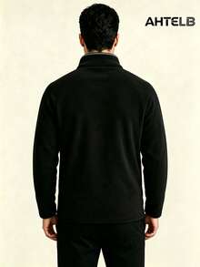 AHTELB Men's Outdoor Functional Half-Zip Stand Collar Fleece Pullover, Exquisite Embroidered Letter Sports Sweatshirt - Black - View 2