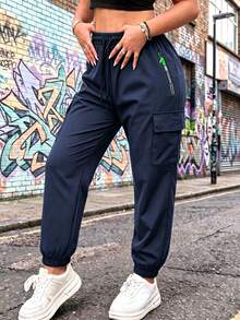 Women's Spring/Autumn Solid Color Multi-Pocket Cargo Pants, Tapered Leg Zipper Outdoor Sports Long Pants - Navy Blue - View 1