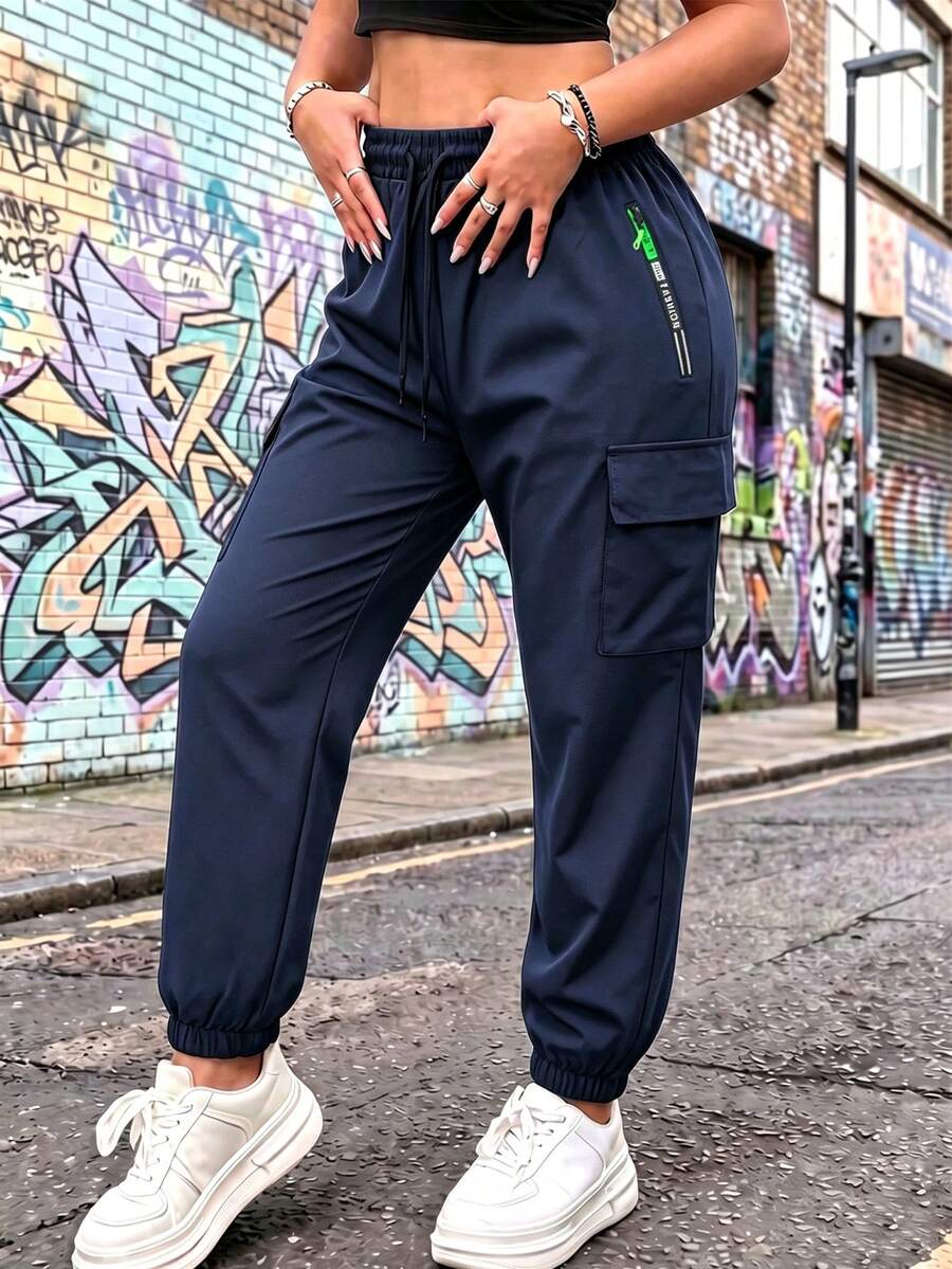 Women's Spring/Autumn Solid Color Multi-Pocket Cargo Pants, Tapered Leg Zipper Outdoor Sports Long Pants - Navy Blue - View 1