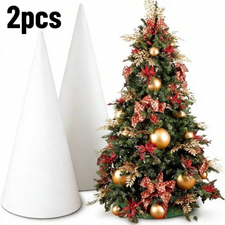 1 Set 2pcs Sturdy White Foam Cones - Multi-Functional Large Craft Frames - Reusable, Perfect For DIY Christmas Trees, Holiday Decorations, Tabletop Display Frames, Paintable, Decor, Suitable For DIY Art Projects And Handmade Crafts, Parties, Weddings, Ideal For Christmas Elves And Seasonal Tabletop Displays - Multicolor - View 1