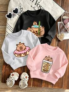 3-delat set med rundhalsad sweatshirt, tryck med kapybara, donut och milk tea-mönster, ny bekväm babyoutfit för höst/vinter - Rosa - Visa 1