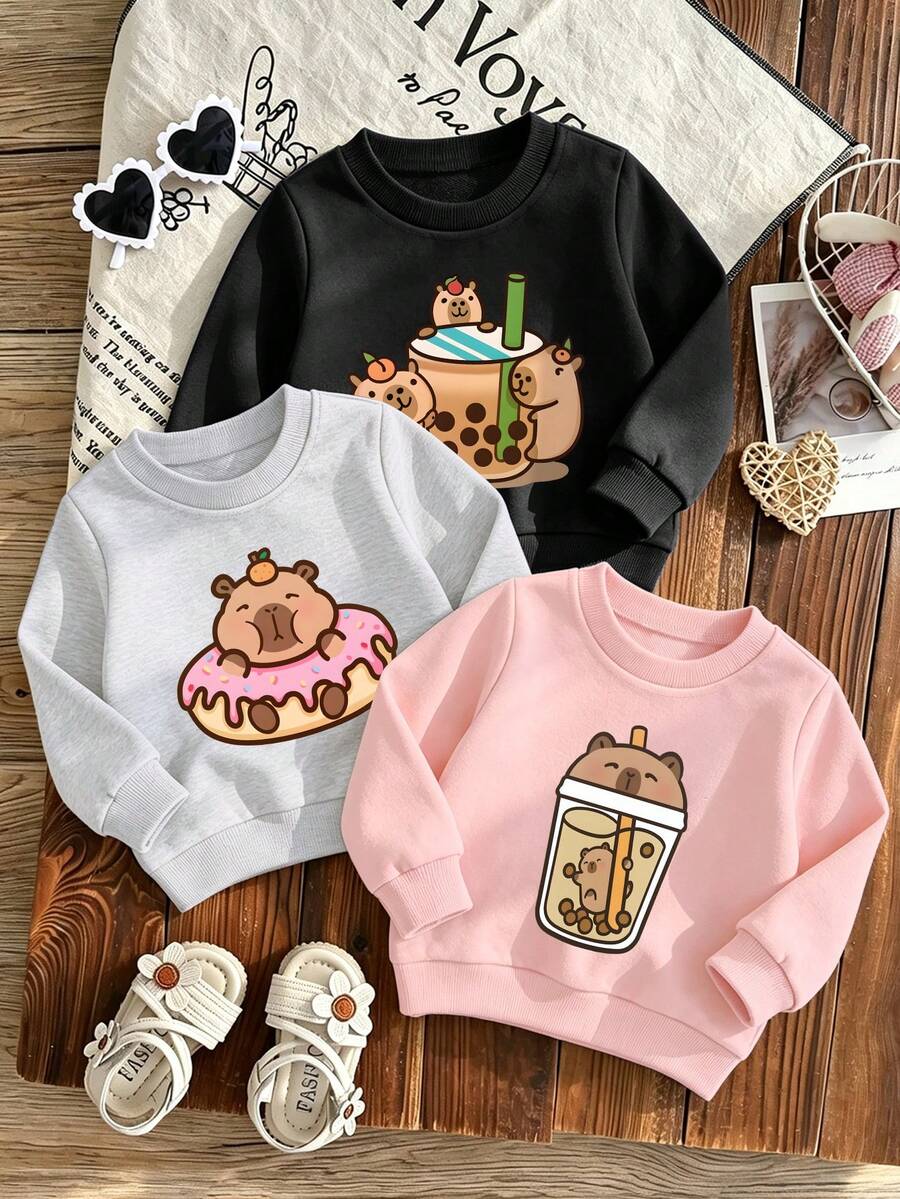 3-delat set med rundhalsad sweatshirt, tryck med kapybara, donut och milk tea-mönster, ny bekväm babyoutfit för höst/vinter - Rosa - Visa 1
