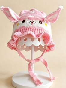 0-2 Years Old Baby Girl Knitted Hat, Cute Bow Rabbit Ears Ruffle Edge, Soft Warm Tie Knitted Hat, Autumn/Winter Cute Infant Toddler Headwear - Multicolor - View 17