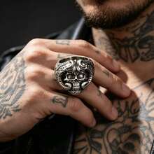 Dark Demon Horn Skull Men's Ring, Punk Motorcycle Wide Band Ring, Personalized Men's Accessory, Halloween Gift - Multicolor - View 4