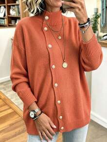 Plus Size Women Solid Color Mid-Length Knit Cardigan Sweater Jacket, Loose Fit, Slimming, Warm, Flattering, Versatile - Orange - View 5