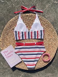 Summer New Women's Striped Halter High Waist Bikini Set With Belt, Elegant Casual, Suitable For Beach Or Pool Wear - Multicolor - View 4