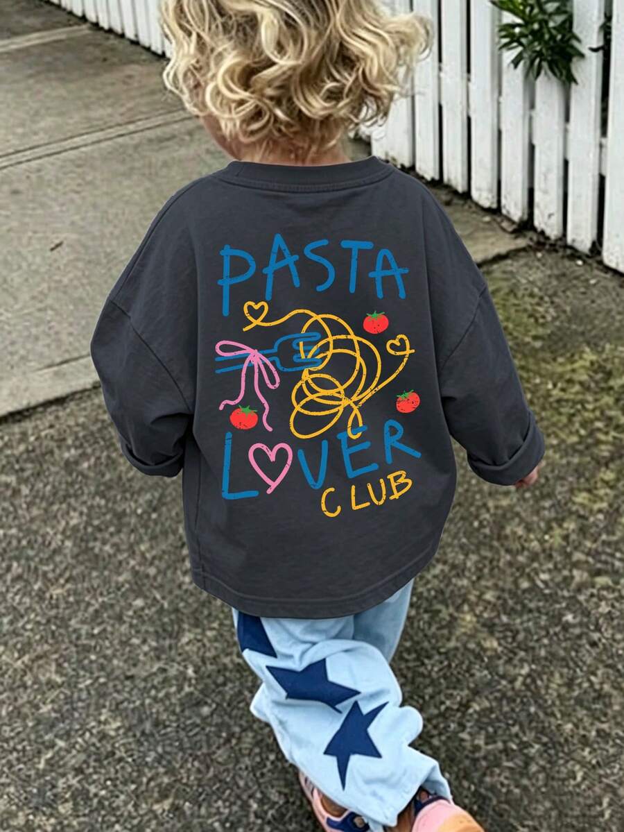 1件女嬰可愛長袖T恤,「PASTA LOVER CLUB」印花,柔軟面料,休閒風格 - 深灰色 - 查看 1