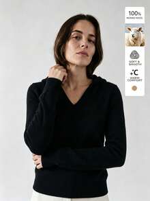 French Style Autumn/Winter New 100% Pure Wool Skin-Friendly Slim Fit Long Knit Cardigan With Hood, Solid Black - Black - View 1