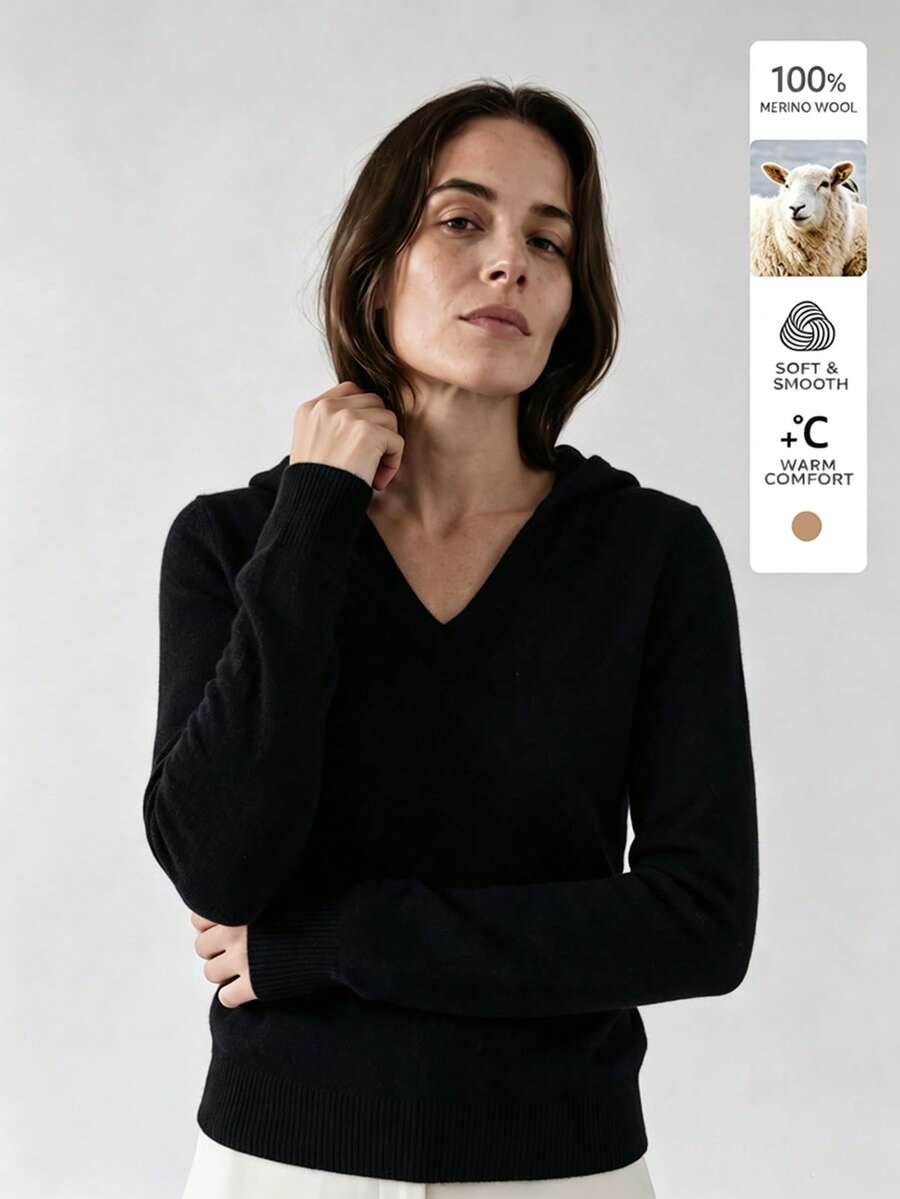 French Style Autumn/Winter New 100% Pure Wool Skin-Friendly Slim Fit Long Knit Cardigan With Hood, Solid Black - Black - View 1