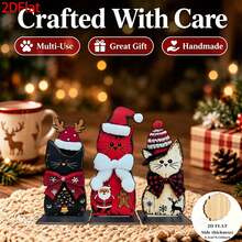 2D Flat, 3 Pieces Set, Rustic Wooden Christmas Cat Decorations. Suitable For Various Display Scenarios, Whether Living Room Table, Fireplace Mantel Or Entryway Shelf. - A - View 1