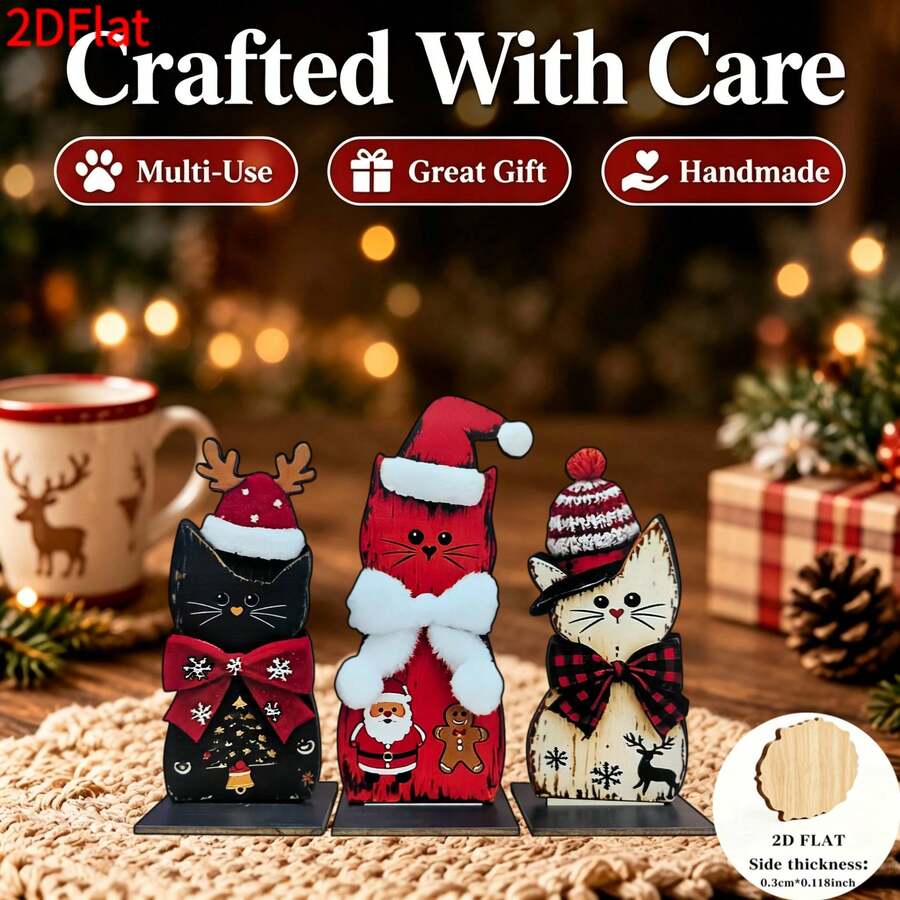 2D Flat, 3 Pieces Set, Rustic Wooden Christmas Cat Decorations. Suitable For Various Display Scenarios, Whether Living Room Table, Fireplace Mantel Or Entryway Shelf. - A - View 1
