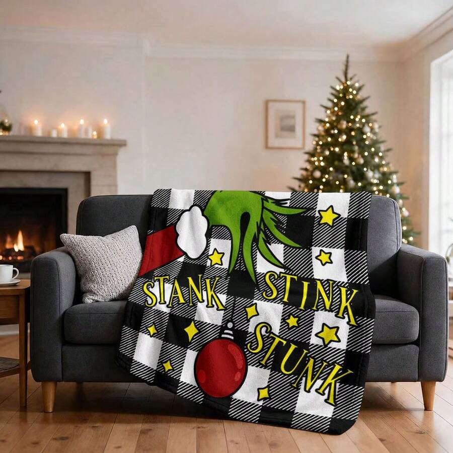 The Grinch Soft & Comfortable 1pc All-Over Print Modern Flannel Christmas Nap Blanket - Christmas Tree - Polyester Nap Blanket - Digital Print Craft, Suitable For Sofa, Bed, Travel, Office Home Decor - Multicolor - View 1