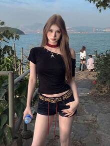 Asymmetrical Ruched Waist T-Shirt For Women, Asymmetrical Shoulder Crop Top With Short Sleeves, Summer Casual Black - Black - View 1