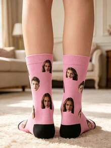 Custom Romantic Love Wedding Crew Socks, Heart Frame,Mr And Mrs,Couple Stick‑Figure Print Pink Mid‑Calf Socks,Gift Socks For Women - Pink - View 8