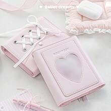 Rosyposy 1pc Cute Coquette Balletcore Mini M5 3-Ring Binder Journal With Heart Photo Window & Ribbon Lace-Up, PU Leather Photocard Holder Notebook - Multicolor - View 2