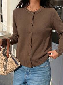 2026 New Fall Clothes For Women Fashionable Casual Solid Crew Neck Ribbed Button Long Sleeve Sweater Knit Cardigan - Brown - View 5