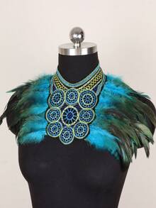 1pc Medieval Faux Feather Shawl Collar Blue & Gold Embroidered Chest Piece, Women's Ball Renaissance Fantasy Cosplay Costume Accessory, Halloween Outfit Accessory - COS - View 8